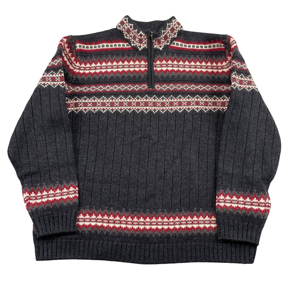VTG Land's End Fair Isle Sweater Mens XL Grey Red 100% Wool 1/4 Zip Pullover